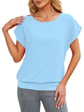 Women's Blue Comfortable Flutter Short Sleeves Chiffon Blouse Casual Dressy Top